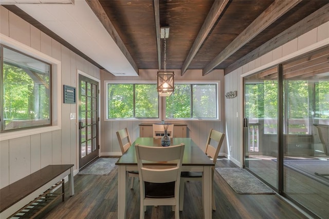 600 Innisfree Lake Dr, Innsbrook, MO 63390 - dining room featuring dark wood-type flooring, plenty of natural light, wood walls, wooden ceiling with exposed beams, and baseboards