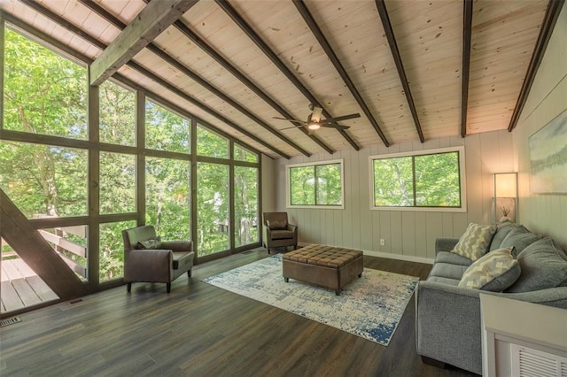 600 Innisfree Lake Dr, Innsbrook, MO 63390 - living room with wood ceiling, dark wood-type flooring, ceiling fan, and wood walls