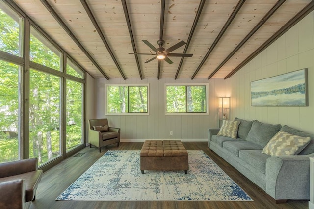 600 Innisfree Lake Dr, Innsbrook, MO 63390 - living room featuring wood ceiling, a ceiling fan, wood finished floors, wood walls, and baseboards