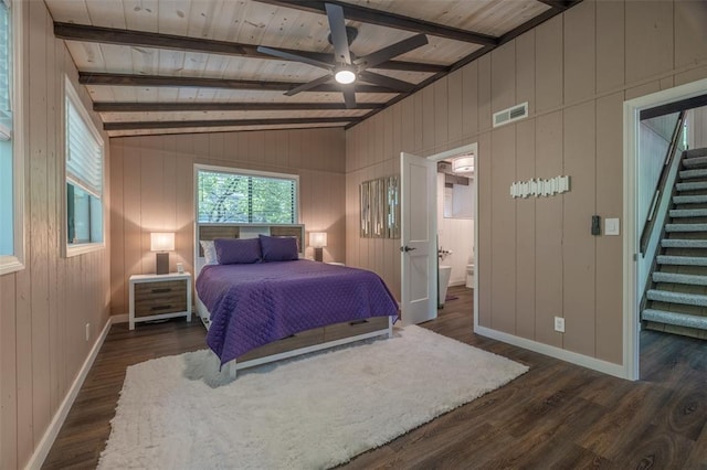 600 Innisfree Lake Dr, Innsbrook, MO 63390 - bedroom with dark wood finished floors, baseboards, wood walls, ensuite bathroom, and wood ceiling