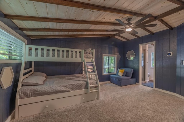 600 Innisfree Lake Dr, Innsbrook, MO 63390 - carpeted bedroom with wood walls, wood ceiling, and ensuite bathroom