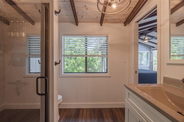 600 Innisfree Lake Dr, Innsbrook, MO 63390 - full bathroom featuring wooden ceiling, wood finished floors, vanity, a shower stall, and plenty of natural light