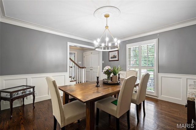 9800 Countryshire Pl, Creve Coeur, MO 63141 - dining area with a decorative wall, ornamental molding, a wainscoted wall, stairway, and a chandelier