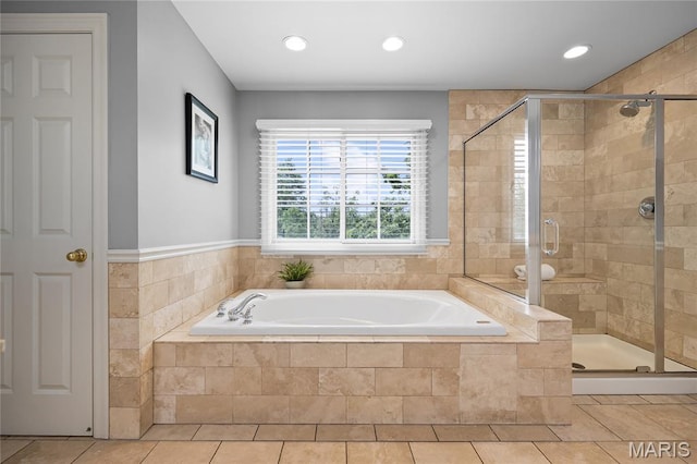 9800 Countryshire Pl, Creve Coeur, MO 63141 - bathroom with a bath, a stall shower, recessed lighting, and tile patterned flooring