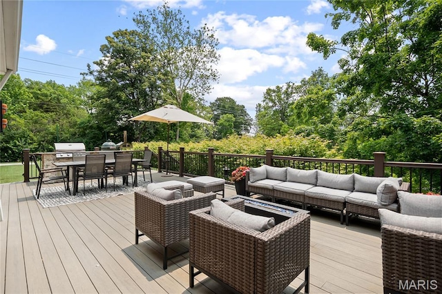 9800 Countryshire Pl, Creve Coeur, MO 63141 - wooden terrace featuring an outdoor hangout area, outdoor dining area, view of wooded area, and a grill
