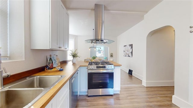 kitchen with appliances with stainless steel finishes, island exhaust hood, a peninsula, white cabinets, and light wood-style floors