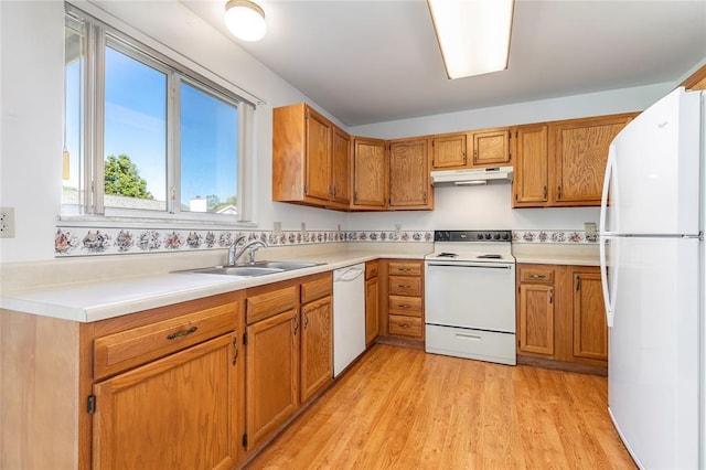 487 Prentice Dr, Ofallon, MO 63376 - kitchen with white appliances, a sink, under cabinet range hood, and brown cabinetry