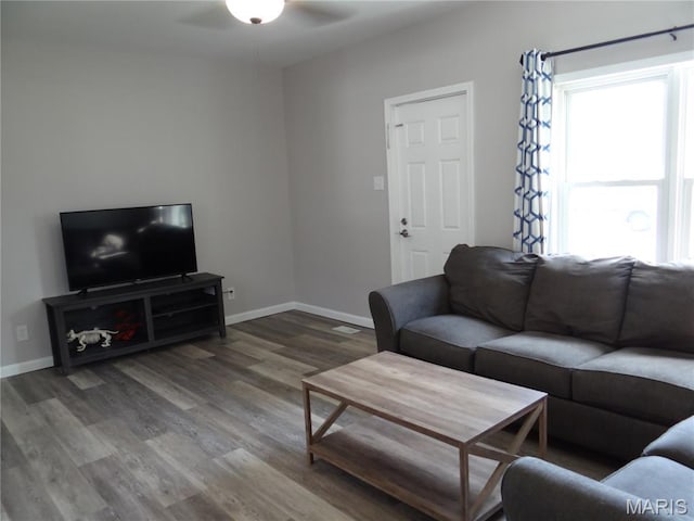 127 E 2nd St, De Soto, MO 63020 - living area featuring a ceiling fan and wood finished floors