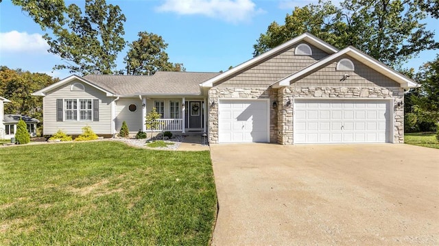 ranch-style home featuring a garage, driveway, stone siding, and a front lawn