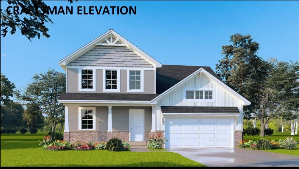 9109 Birchwood Ct, Fairview Heights, IL 62208 - craftsman inspired home with a front yard, a garage, driveway, brick siding, and a shingled roof