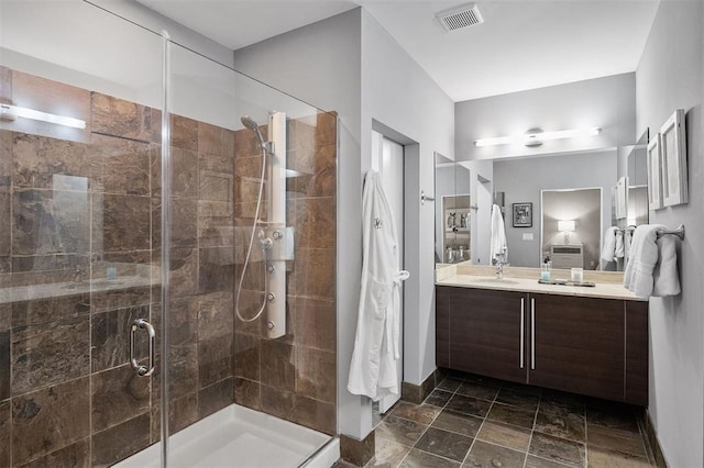 4100 Forest Park Ave Unit 323, Saint Louis, MO 63108 - bathroom with a shower stall, vanity, baseboards, and stone finish flooring