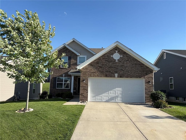 224 Quiet Bend Dr, Wentzville, MO 63385 - view of front of home featuring concrete driveway, an attached garage, a front yard, and brick siding