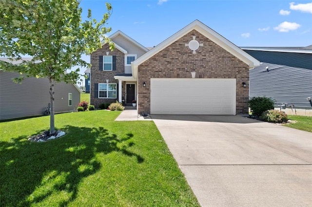 224 Quiet Bend Dr, Wentzville, MO 63385 - traditional-style home with a garage, brick siding, concrete driveway, and a front lawn