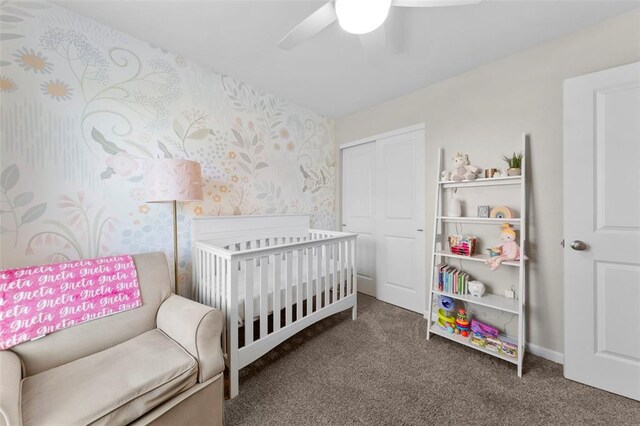 224 Quiet Bend Dr, Wentzville, MO 63385 - bedroom with carpet floors, wallpapered walls, a closet, a crib, and a ceiling fan