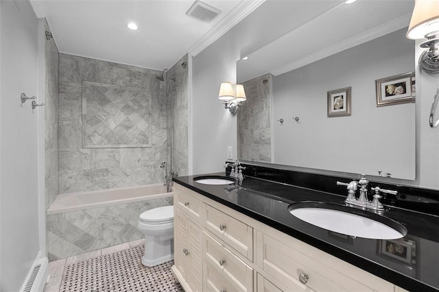 full bathroom with  shower combination, toilet, double vanity, ornamental molding, and recessed lighting