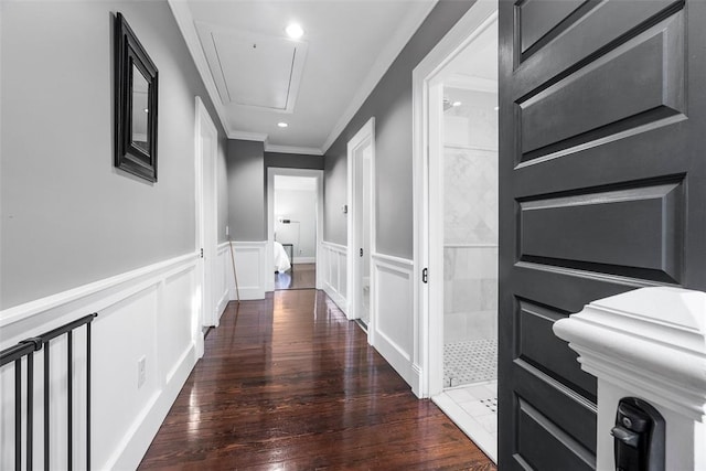 corridor with attic access, ornamental molding, wood finished floors, wainscoting, and a decorative wall