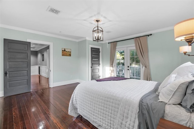 bedroom with french doors, ornamental molding, access to exterior, hardwood / wood-style flooring, and baseboards