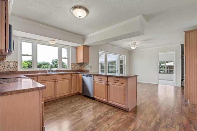 10014 Aldred Dr, Sunset Hills, MO 63128 - kitchen featuring stainless steel dishwasher, a textured ceiling, ornamental molding, a peninsula, and tasteful backsplash