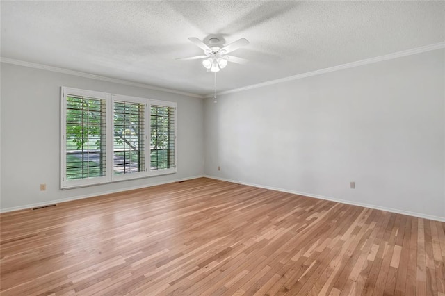 10014 Aldred Dr, Sunset Hills, MO 63128 - unfurnished room featuring ceiling fan, light wood-style flooring, baseboards, a textured ceiling, and crown molding