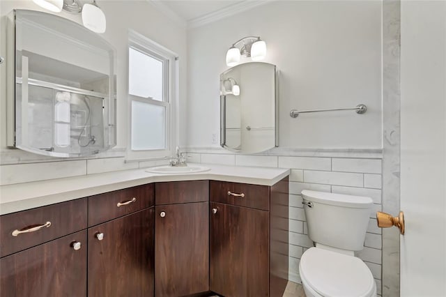 10014 Aldred Dr, Sunset Hills, MO 63128 - bathroom with vanity, toilet, ornamental molding, an enclosed shower, and tile walls