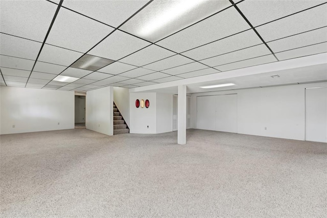 10014 Aldred Dr, Sunset Hills, MO 63128 - finished basement with light colored carpet, stairs, and a drop ceiling