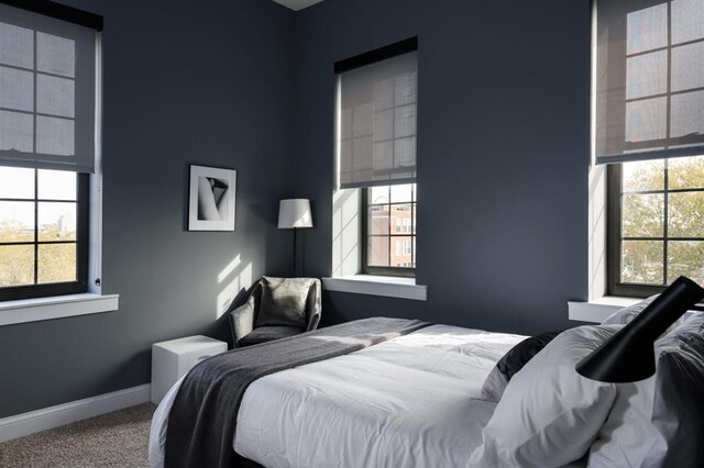 carpeted bedroom with multiple windows and baseboards