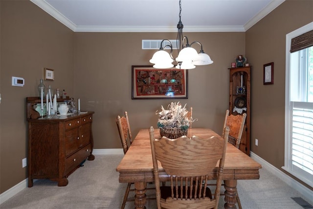 5193 Athlone Ct, Cedar Hill, MO 63016 - dining room with a chandelier, light colored carpet, baseboards, and ornamental molding