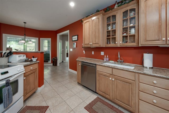 5193 Athlone Ct, Cedar Hill, MO 63016 - kitchen with stainless steel dishwasher, white range with electric stovetop, a sink, glass insert cabinets, and light tile patterned flooring