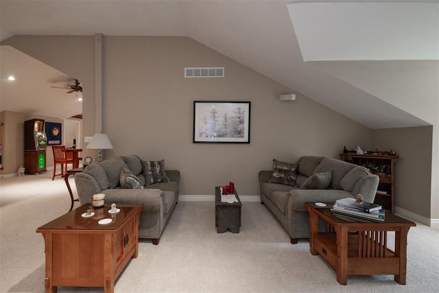 5193 Athlone Ct, Cedar Hill, MO 63016 - living area featuring light colored carpet, vaulted ceiling, a ceiling fan, and baseboards