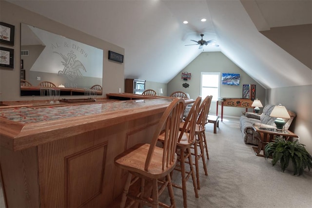 5193 Athlone Ct, Cedar Hill, MO 63016 - bar area featuring ceiling fan, light colored carpet, lofted ceiling, and recessed lighting