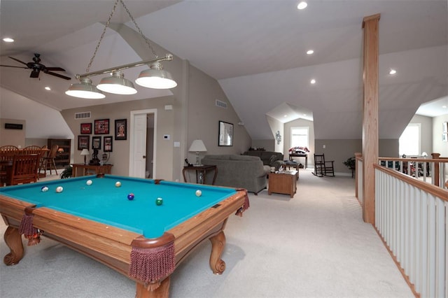 5193 Athlone Ct, Cedar Hill, MO 63016 - recreation room with vaulted ceiling, ceiling fan, light carpet, billiards, and recessed lighting