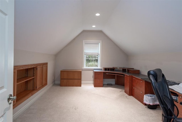 5193 Athlone Ct, Cedar Hill, MO 63016 - home office featuring lofted ceiling, light colored carpet, recessed lighting, and baseboards