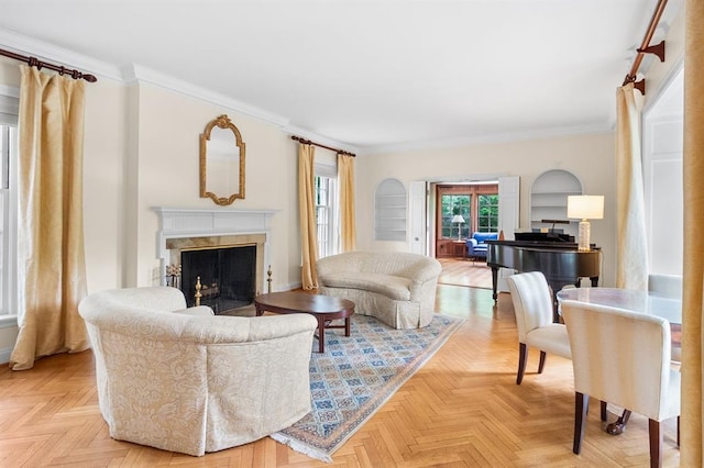 15 Briarcliff Rd, Ladue, MO 63124 - living room with a fireplace and crown molding
