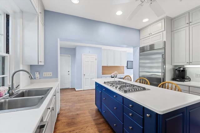 15 Briarcliff Rd, Ladue, MO 63124 - kitchen with stainless steel appliances, a sink, blue cabinets, white cabinets, and recessed lighting