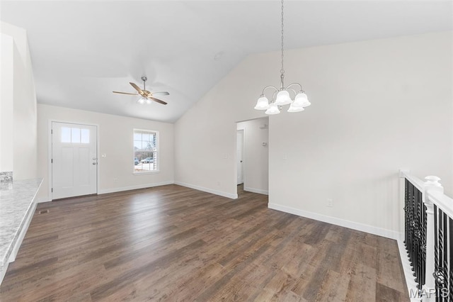 280 Railroad St, Moscow Mills, MO 63362 - unfurnished living room with a ceiling fan, a chandelier, wood finished floors, and high vaulted ceiling