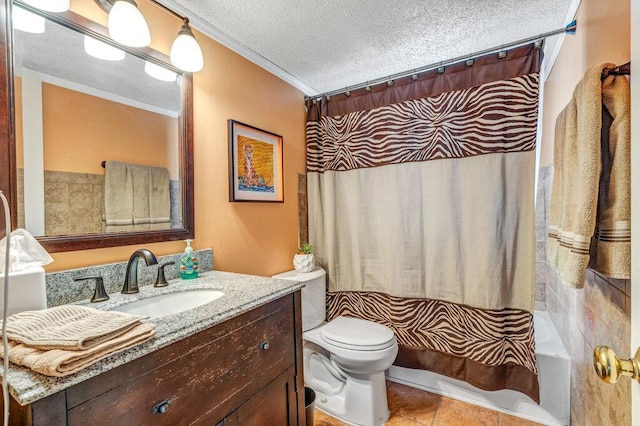 1843 Gascony Parc Dr Unit 1843, Lake St Louis, MO 63367 - full bathroom featuring vanity, toilet, a textured ceiling, ornamental molding, and shower / bath combination with curtain