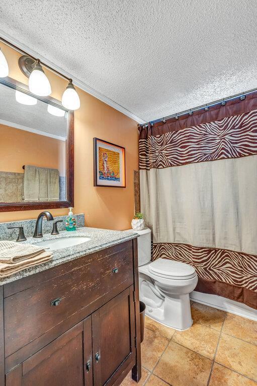 1843 Gascony Parc Dr Unit 1843, Lake St Louis, MO 63367 - full bath with toilet, a textured ceiling, vanity, ornamental molding, and a shower with shower curtain
