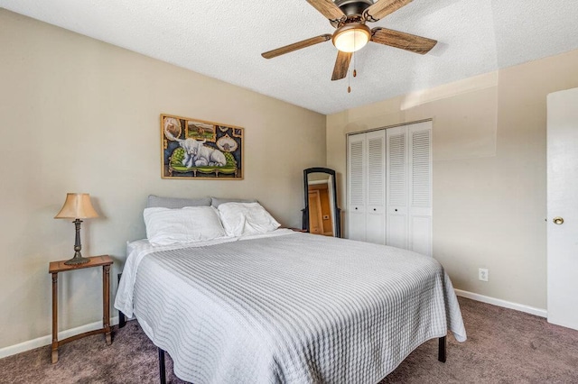 1843 Gascony Parc Dr Unit 1843, Lake St Louis, MO 63367 - bedroom with carpet flooring, a closet, a textured ceiling, baseboards, and a ceiling fan