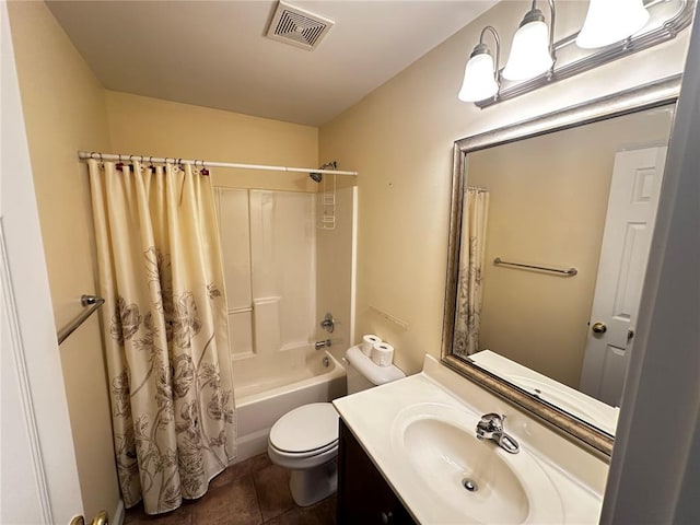 full bath with toilet, vanity, shower / tub combo, and tile patterned floors