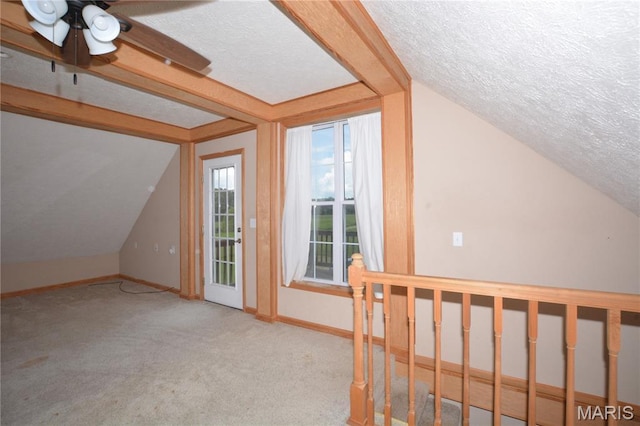 11370 County Road 5220, Rolla, MO 65401 - bonus room featuring a textured ceiling, lofted ceiling, a ceiling fan, and carpet floors