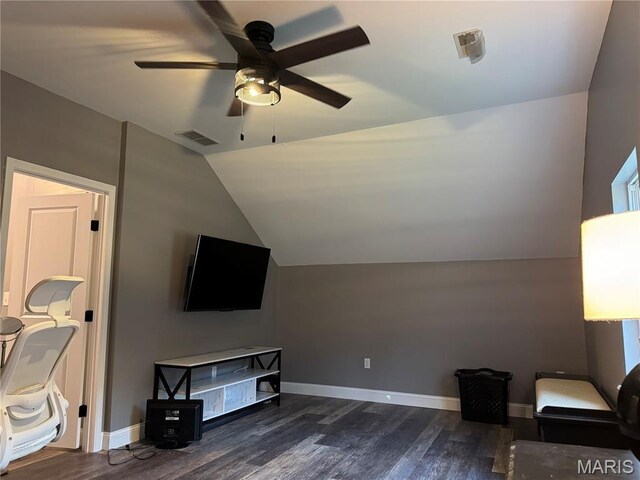 7011 Browns Ford Rd, Dittmer, MO 63023 - unfurnished living room with wood finished floors, vaulted ceiling, and a ceiling fan