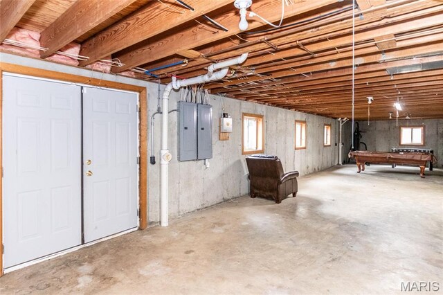 7011 Browns Ford Rd, Dittmer, MO 63023 - basement with electric panel, billiards, and plenty of natural light