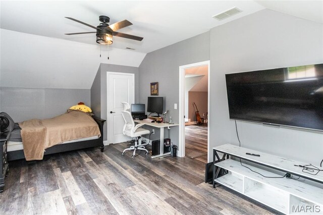 7011 Browns Ford Rd, Dittmer, MO 63023 - bedroom featuring lofted ceiling, wood finished floors, a desk, and a ceiling fan