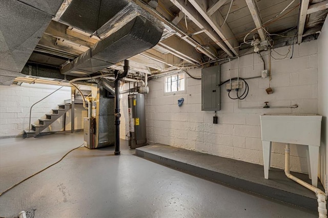 8908 Apache Ln, Overland, MO 63114 - below grade area with electric panel, water heater, heating unit, and stairway