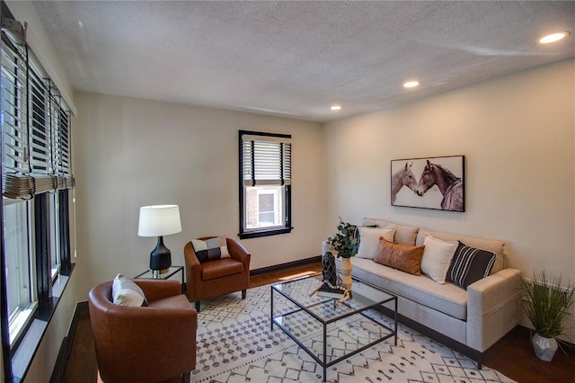 1104 Douglas St, Alton, IL 62002 - living area with wood finished floors, a textured ceiling, recessed lighting, and baseboards