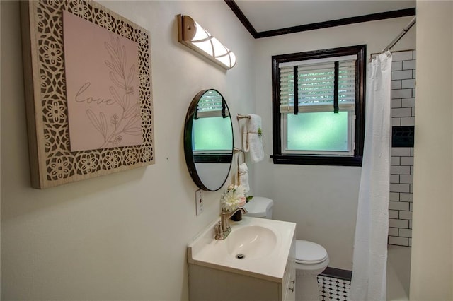1104 Douglas St, Alton, IL 62002 - bathroom with toilet, vanity, ornamental molding, and baseboards