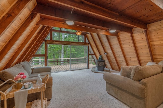 84 E Altdorf Dr, Innsbrook, MO 63390 - living room featuring a wood stove, wood ceiling, and carpet
