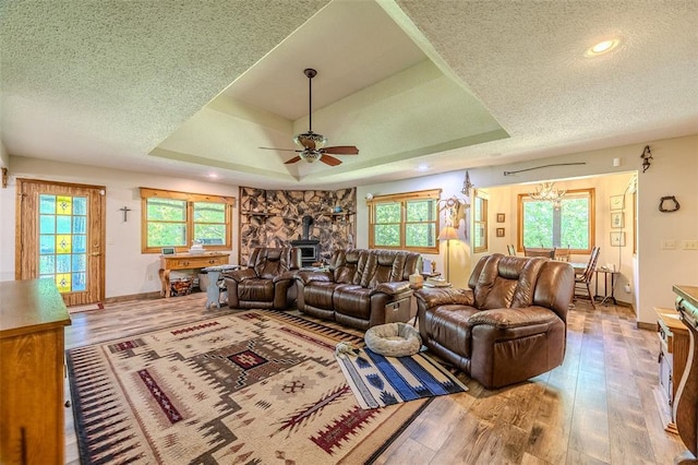 living area featuring a wood stove, a tray ceiling, wood finished floors, a textured ceiling, and plenty of natural light