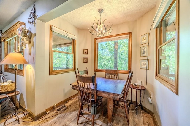dining space featuring wood finished floors, a chandelier, baseboards, plenty of natural light, and a textured ceiling