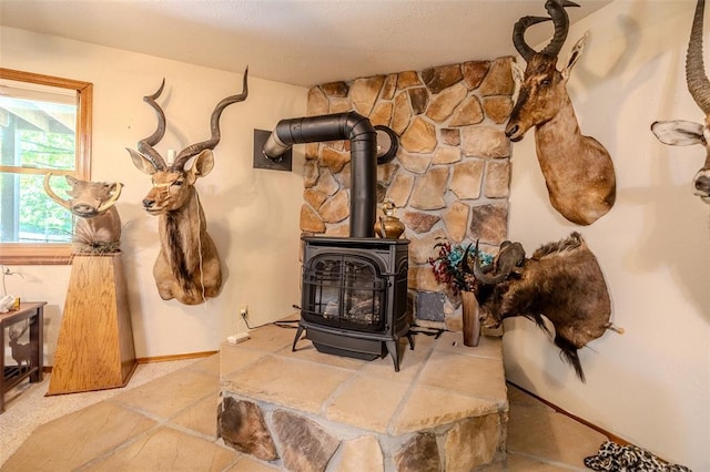 detailed view of a wood stove and baseboards